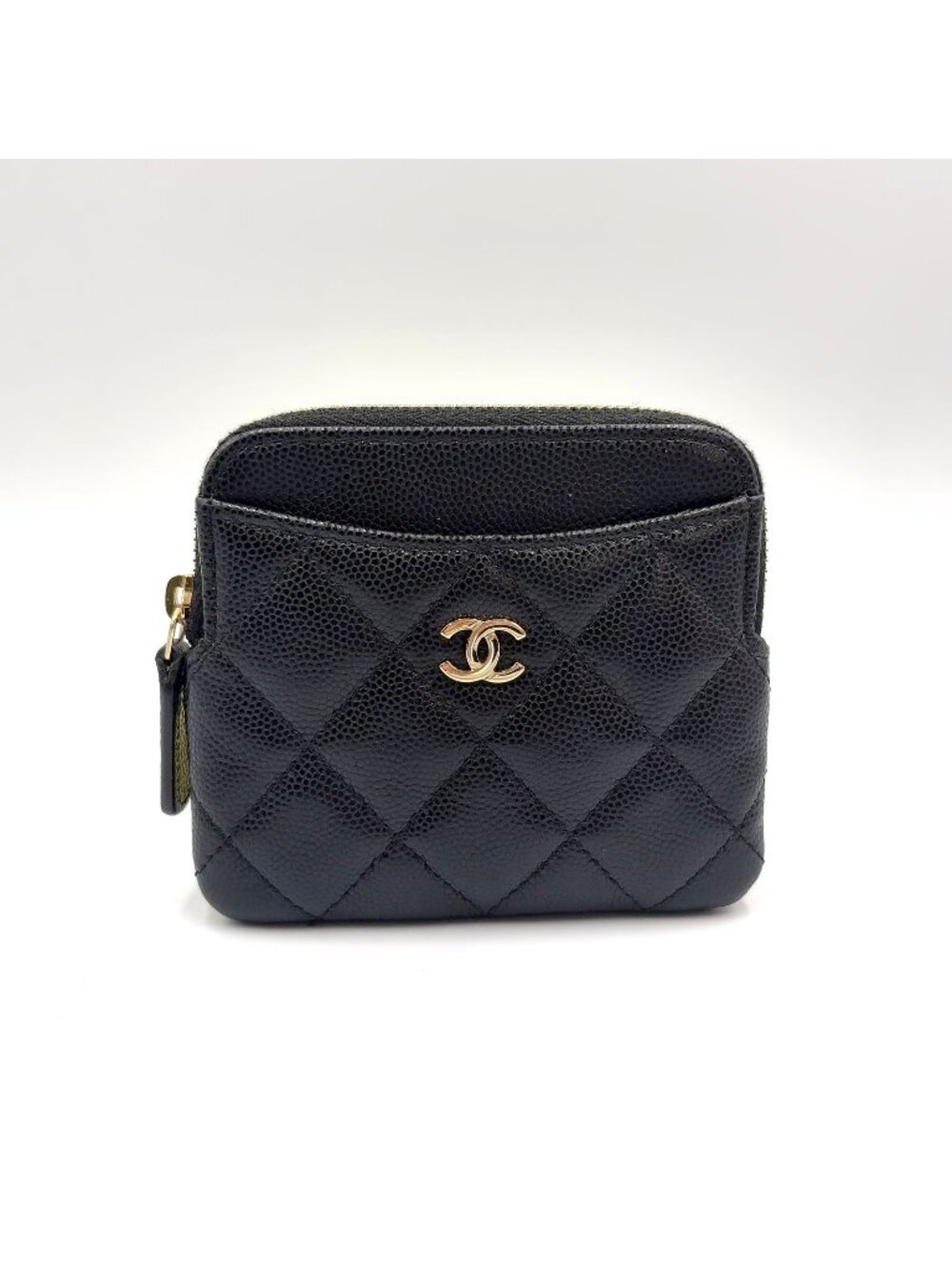 Chanel CC Logo Quilted Coin Purse Caviar Leather Black Wallet Gold
